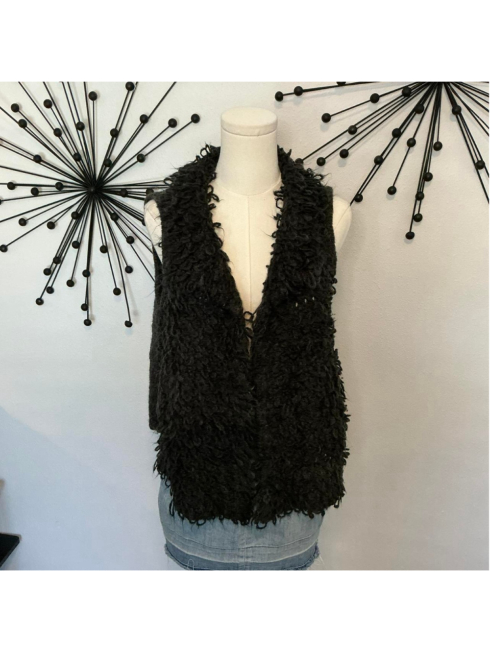 Black Shaggy Knit Open Front Vest Cozy Boho Grunge Layering Size M